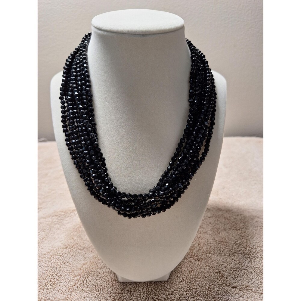 Black spinel beaded torsade necklace 8 strands 16 inches with magnetic closure